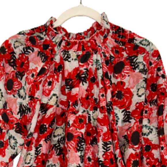 Chufy La Dolce Vita Silk Blend Red Floral Balloon Sleeve Blouse M Designer - Picture 5 of 10